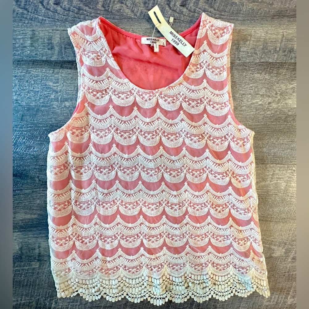NWT Miss Kelly 1999 Coral Lace Tank Top, Size Large.